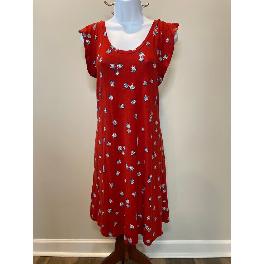 LOFT Size L Dark Burnt Orange Dress Blue Floral Print Flutter Cap Sleeves